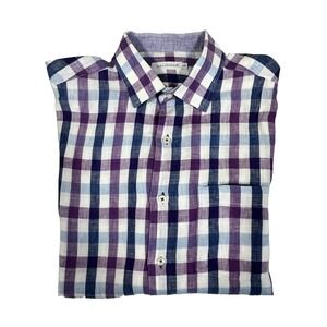 Alex Cannon Men's Lg 100% Linen Plaid Shirt Short Sleeve Button Down Purple Blue
